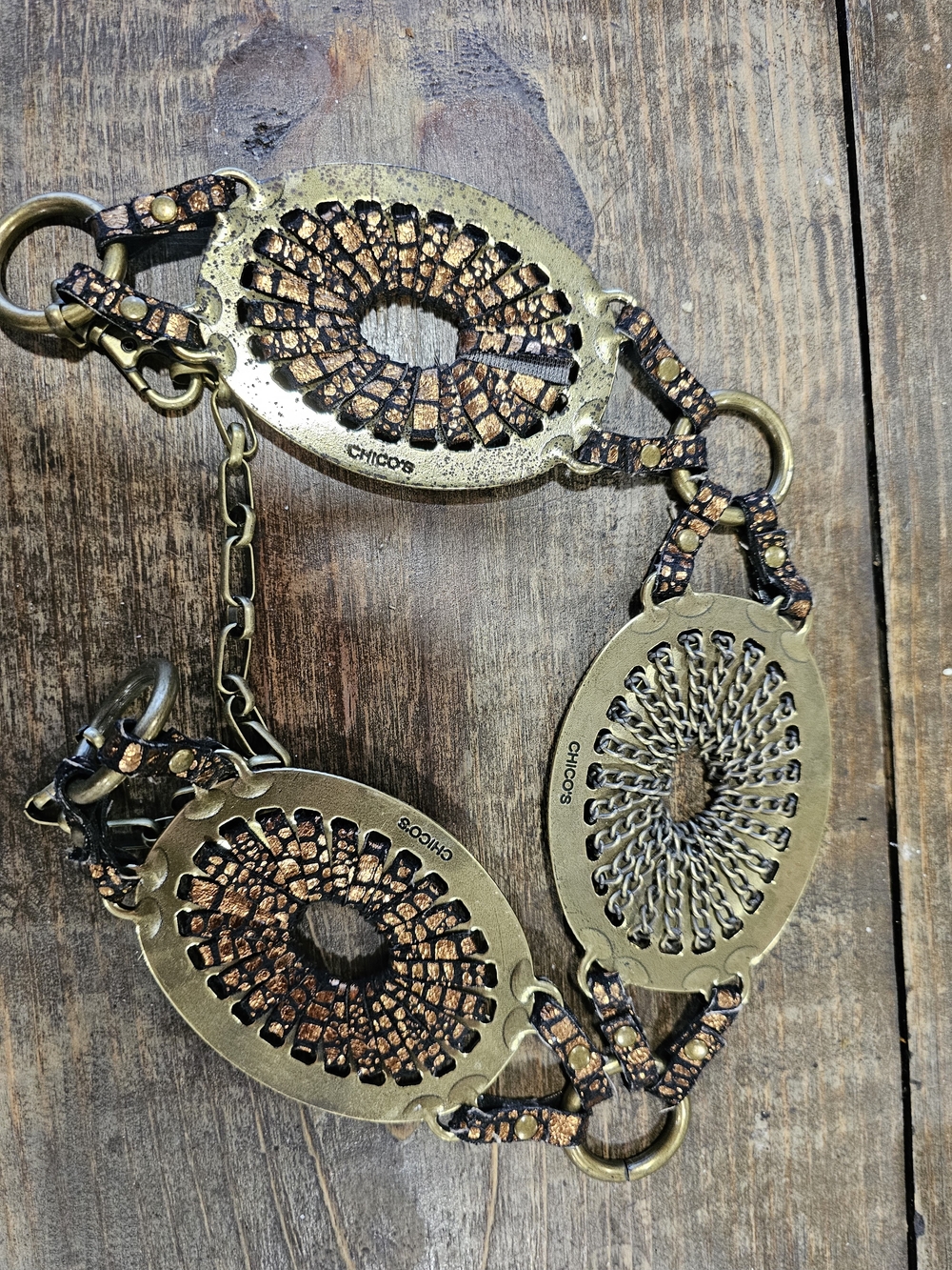 Chico's Vintage Gold-Tone Filigree Belt with Brown Mosaic Inlay - Picture 6 of 8